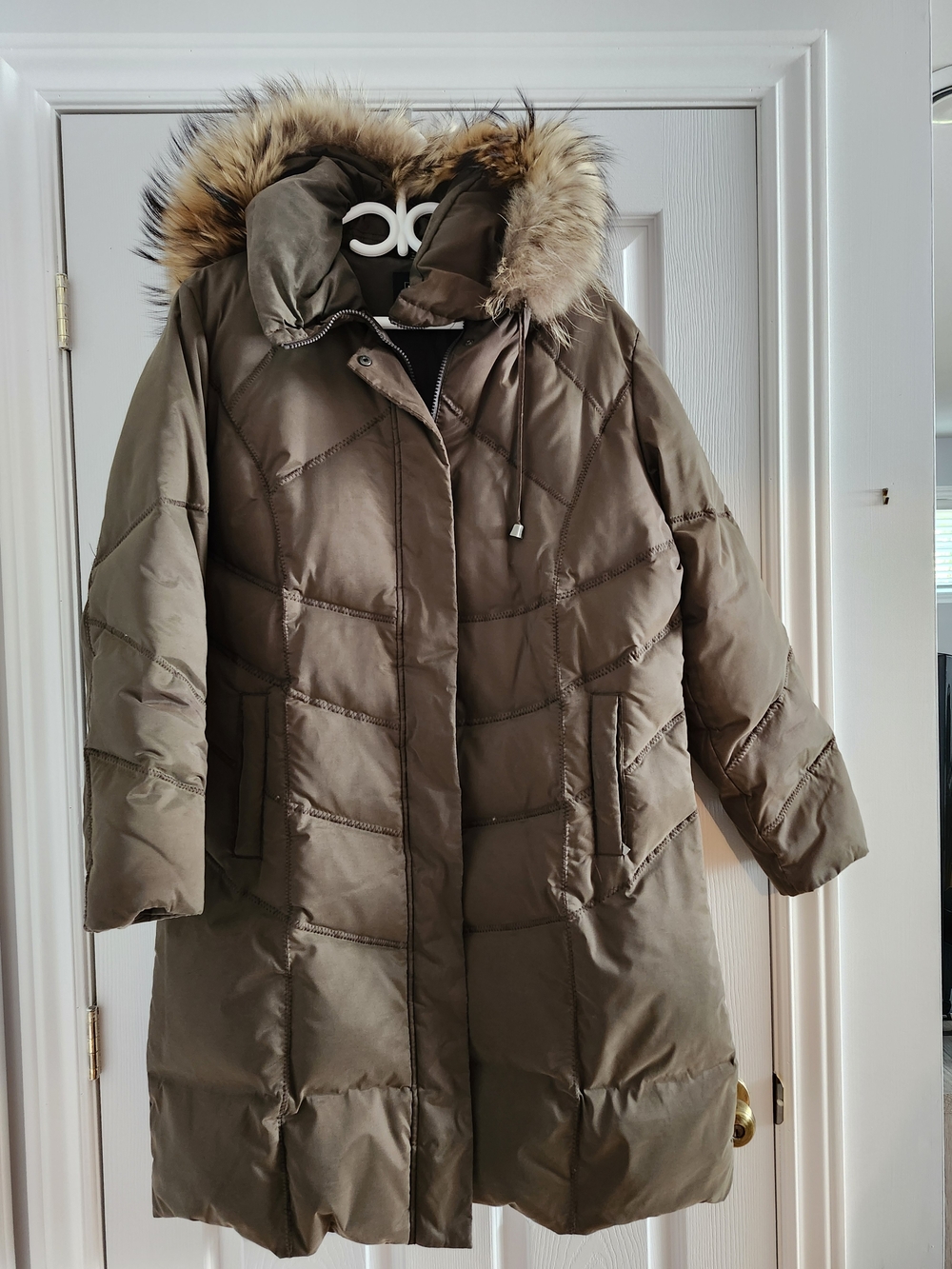 JM Collection Olive Hooded Puffer Coat with Faux Fur Trim